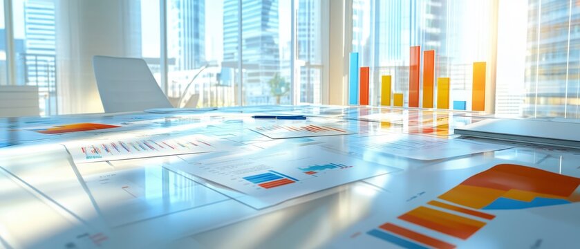 Business plan blueprint with charts, graphs, and financial data spread across a modern office table, business planning, strategic analysis - Powered by Adobe