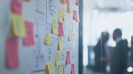 Diverse business team brainstorming ideas with sticky notes and a whiteboard full of plans, business plan development, operations, collaboration analysis