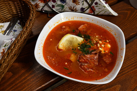 Tasty Russian-Ukrainian solianka soup