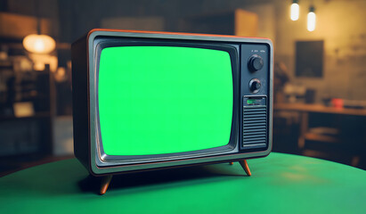 Vintage Television with Green Screen Display on Wooden Table design