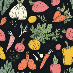Organic vegetables art pattern for print, vector illustration style