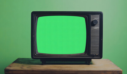 Vintage Television with Green Screen Display on Wooden Table design