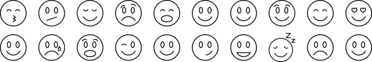 Smile Icon Set for UI, Placards, Books, Apps. Editable Stroke. Suitable for Web Sites, Books, Cards, Apps
