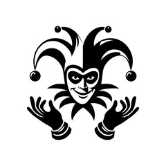 Vector logo of a jester isolated on a white background. Black and white illustration of a joker. Can be used as a tattoo, emblem, logo.