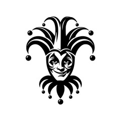 Vector logo of a jester isolated on a white background. Black and white illustration of a joker. Can be used as a tattoo, emblem, logo.