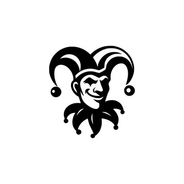 recommend clip art: Vector logo of a jester isolated on a white background. Black and white illustration of a joker. Can be used as a tattoo, emblem, logo.