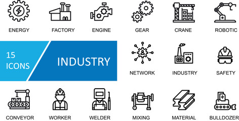 Industry icon set. factory, engine, gear, crane, robotic, network, production, safety, conveyor, worker, welder, mixing, material, bulldozer