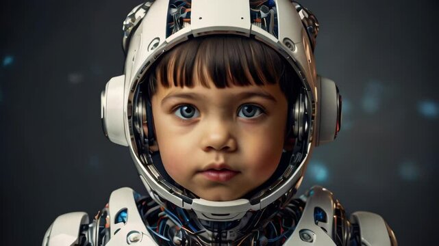 A child in a futuristic space suit explores a new world while showcasing advanced robotics in a cosmic environment