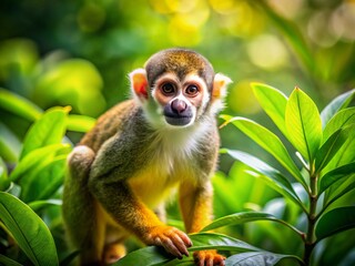 Obraz premium In a vibrant tropical habitat, a playful squirrel monkey frolics, leaping through the lush greenery and basking in