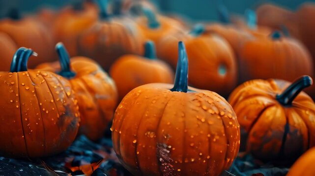 Exploring a vibrant pumpkin patch during autumn with freshly harvested pumpkins glistening under morning rain