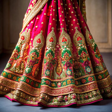 Close-Up of Intricate Red and Gold Embroidered Bridal Lehenga