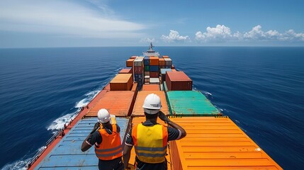 Fototapeta premium Cargo ship deck with colorful containers, logistics crew working efficiently, vast sea horizon around