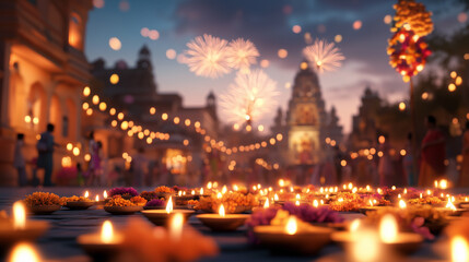 A warm Diwali celebration featuring traditional oil lamps, vibrant flowers, and people enjoying the festival with lights and fireworks.
