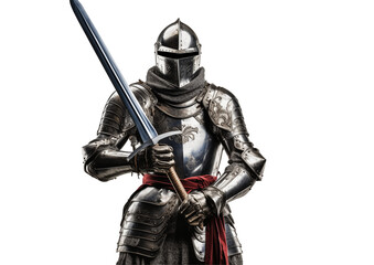 Obraz premium Medieval Knight In Shining Armor Holding A Sword On White Background