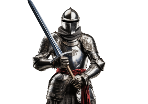 Medieval Knight In Shining Armor Holding A Sword On White Background