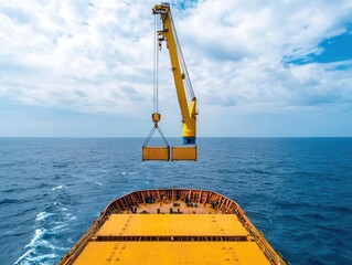 Cargo ship deck with cranes in motion, logistics team overseeing, sea in the distance, vibrant port view