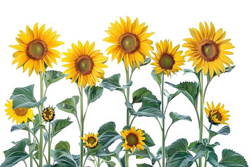 Sunflowers field on the horizon, isolated against a transparent background