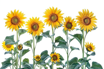 Sunflowers field on the horizon, isolated against a transparent background