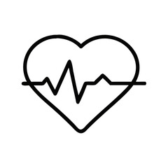 A line drawing of a heart with a cardiogram line running through it, representing heart health or monitoring of cardiovascular activity, on a transparent background