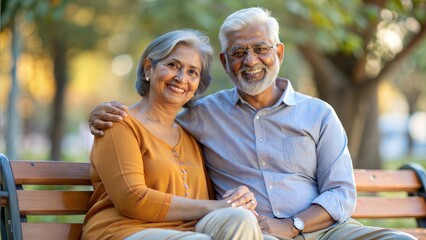 A relaxed pose of an Indian senior couple sitting on a park bench, radiating peace and togetherness.
