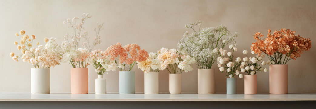 a variety of elegant monochromatic flowers arrangements, floral arrangements, featuring a variety of fresh flowers in different vases for weddings on a long counter console table