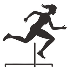 Female athlete running hurdles in athletics race, black silhouette vector art illustration