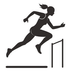 Female athlete running hurdles in athletics race, black silhouette vector art illustration