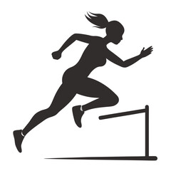 Female athlete running hurdles in athletics race, black silhouette vector art illustration