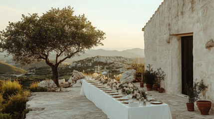 a wedding feast, rehearsal dinner on long white clothed communal table in scenic Italy mountain landscape, sunset valleys and warm skies view. rural wedding party table event planning design