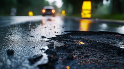 A wet, damaged road surface with visible potholes and traffic cones illuminated by a car's headlights in the background.