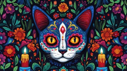 Fototapeta premium Colorful cat illustration with floral patterns and candles, vibrant art piece on dark background.