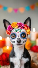 Charming dog with colorful Day of the Dead face paint and floral crown, festive background.