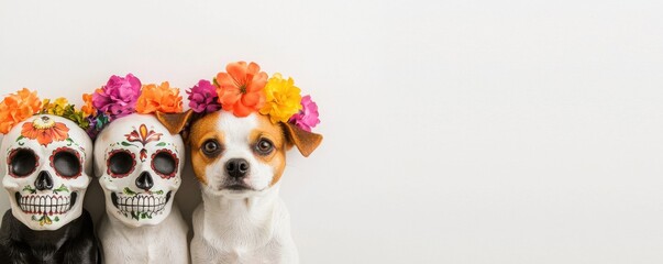 Three cute dogs with colorful flower crowns and decorative skulls, isolated on white background.