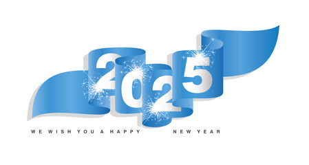 New Year 2025 concept design template with sparkle firework white silver 2025 on light blue wavy ribbon. Premium vector design element for poster, banner, greeting card