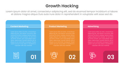 growth hacking infographic 3 point with box container table with badge number on bottom for slide presentation