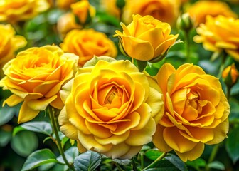 Radiant yellow roses burst into bloom, highlighting nature's breathtaking beauty. Their stunning elegance captures the