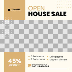 A white and tan poster for an open house The poster features a kitchen living room