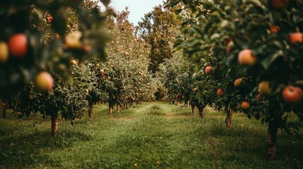 Fototapeta premium A panoramic view of an organic apple orchard, with trees heavy with ripe fruit
