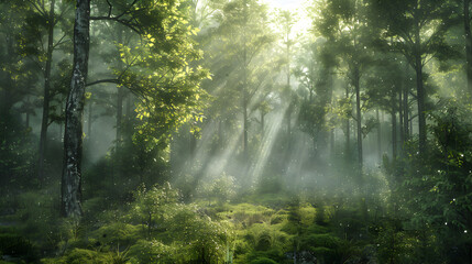 Obraz premium A forest with trees and sunlight shining through the leaves