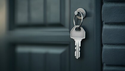 A close-up of a key hanging from a door's lock, emphasizing security and access, against a dark-colored door background.