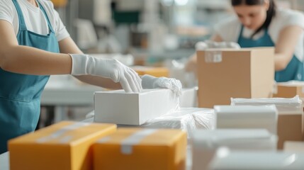 Workers in gloves package items at a shipping facility, focused on efficiency and organization in a busy workspace.