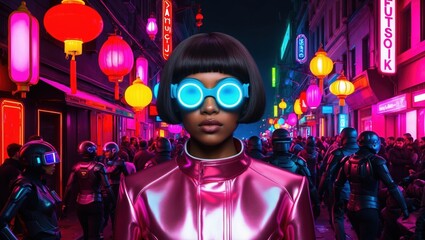 Obraz premium In a vibrant city, a stylish person with striking goggles stands amidst a crowd, lit by colorful neon signs and lanterns, creating a captivating atmosphere