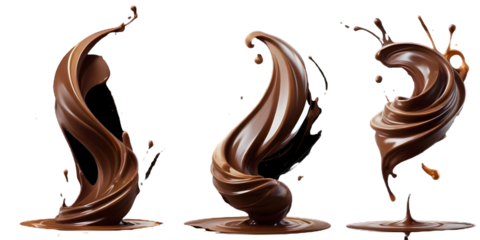 A swirling, abstract chocolate or caramel dessert with a flowing, twisting shape with glowing highlights, bold and slim lines, brush strokes with a Transparent Background