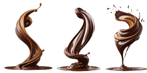 A swirling, abstract chocolate or caramel dessert with a flowing, twisting shape with glowing highlights, bold and slim lines, brush strokes with a Transparent Background