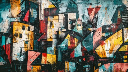 Obraz premium Graffiti wall featuring abstract cityscapes, bold outlines of buildings blending with chaotic street art patterns