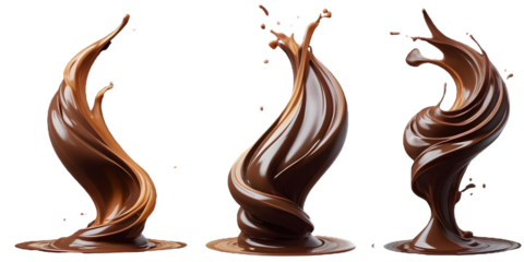 A swirling, abstract chocolate or caramel dessert with a flowing, twisting shape with glowing highlights, bold and slim lines, brush strokes with a Transparent Background