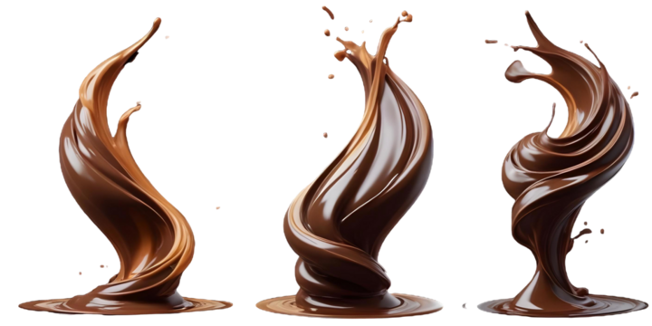 A swirling, abstract chocolate or caramel dessert with a flowing, twisting shape with glowing highlights, bold and slim lines, brush strokes with a Transparent Background