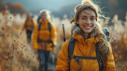 millennial friends hiking and enjoying nature, exploring the great outdoors, embracing an active lifestyle at sunny day.