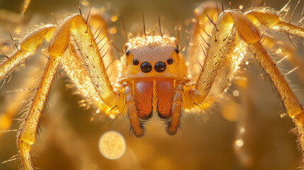 Fototapeta premium A close-up of a spider on its web, with dew droplets like pearls. Its outstretched legs show fine bristles, and its earthy-toned body contrasts elegantly with the silvery web strands.