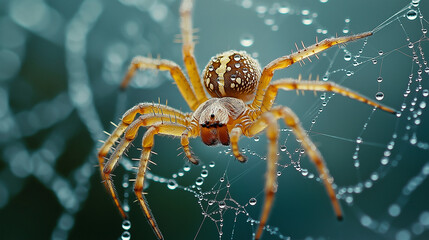 Obraz premium A close-up of a spider on its web, with dew droplets like pearls. Its outstretched legs show fine bristles, and its earthy-toned body contrasts elegantly with the silvery web strands.